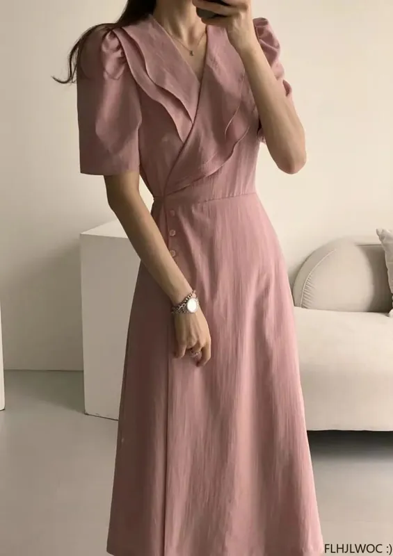 South Korea Chic Midi Dress Women Summer Japan Style Retro Vintage Design Ruffles Pink One-Piece Lace-Up Dress FLHJLWOC Vestidos — image 8