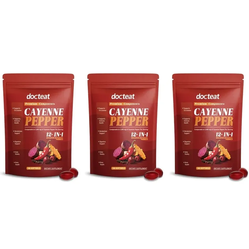 Docteat Cayenne Pepper 12-in-1 소프트젤 베르베린 및 흑후추 추출물 함유 면역 건강 및 뼈 지원 180 소프트젤