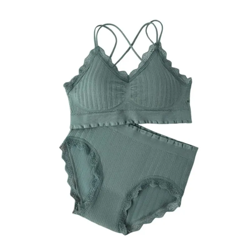1Set Casual Lace Women Seamless Bra Set with Bra Pads V-Neck Lingerie Set Breathable Comfortable Sport Brassiere