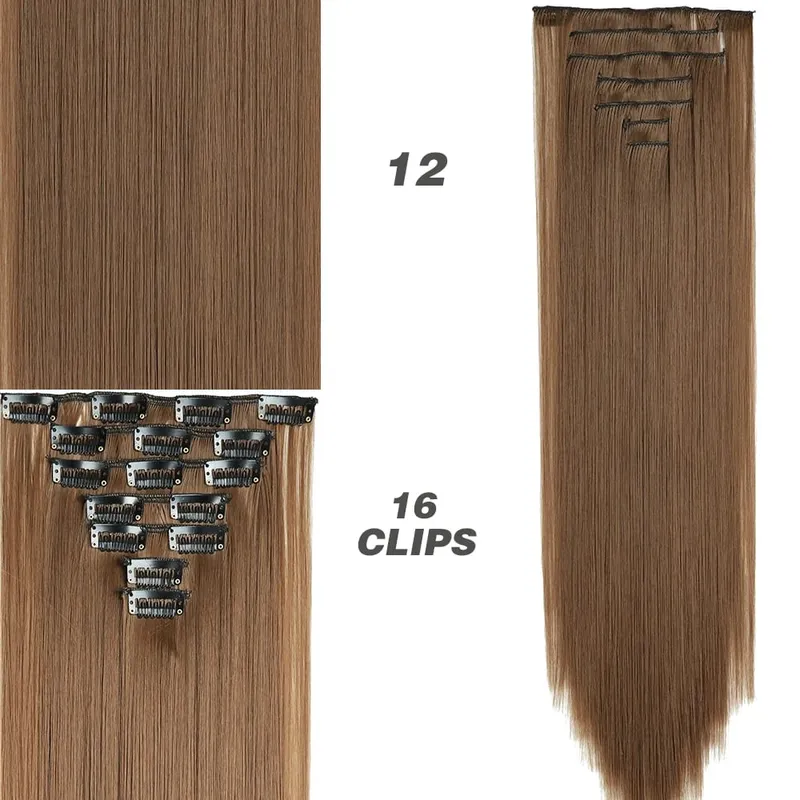 Synthetic 7Pcs/Set 22" Wavy Hairpiece Straight 16 Clips Hair Extensions Heat Resistant Styling False Hair