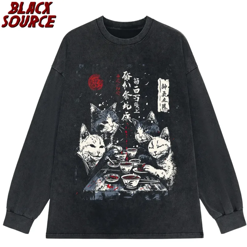 T0220 Cute Ramen Japanese Cat Hoodie, Unisex Cartoon Graphic Pullover Sweatshirt, Casual Streetwear Loose Fit Daily Wear