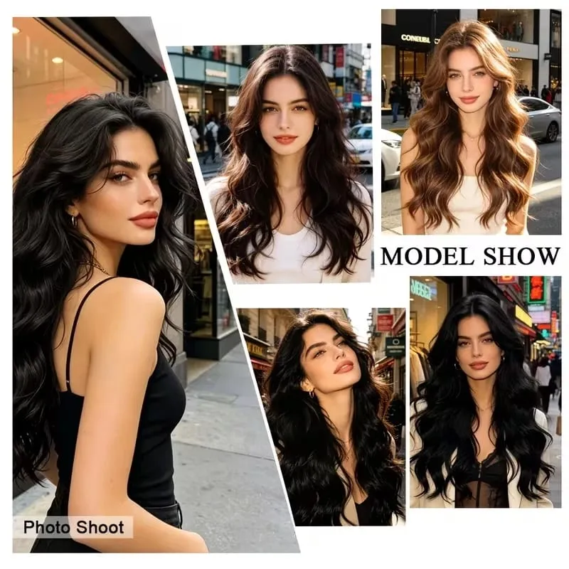 24Inch Synthetic Long V‑Shape Wavy Curly Hair Extensions Heat‑Resistant Fiber Soft Hairpiece for Women Daily Party Hairstyle