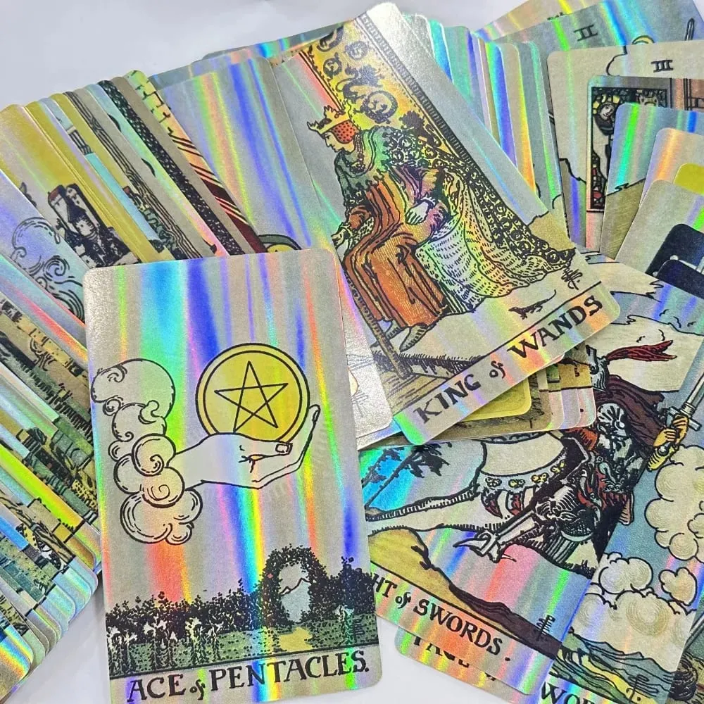 12*7cm Holographic A.E. Tarot Deck In Sliding Rigid Gift Box 78 Pcs Tarot Cards with Guidebook and Drawstring Pouch — image 3