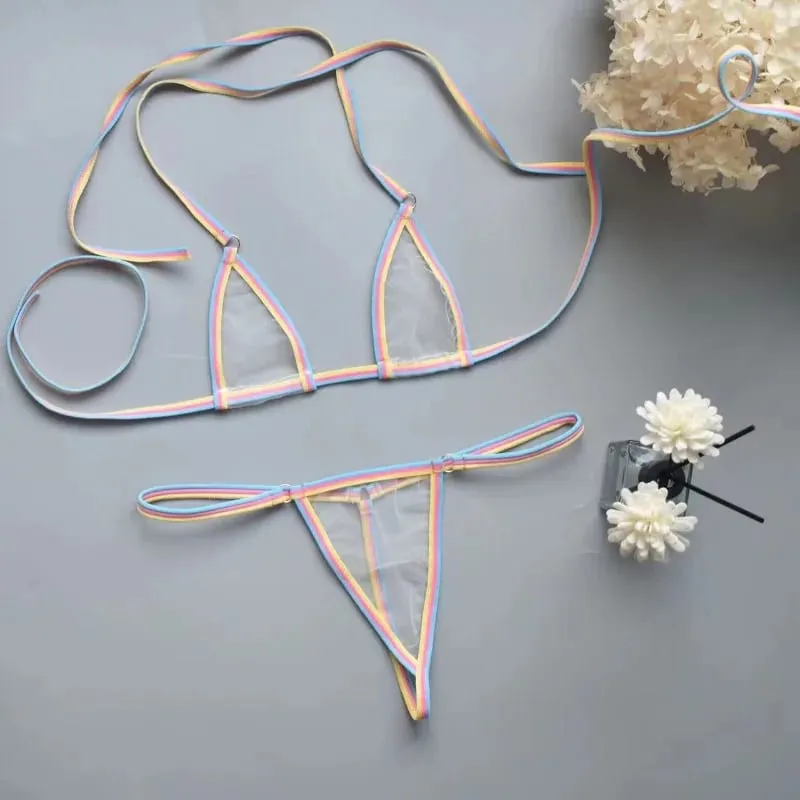 Sexy Mini Bra Sets Wirefree Ultra-thin Mesh Unlined Bra Brief Set Black Transparent 2 Pieces Halter Women's Exotic Lingerie Sets