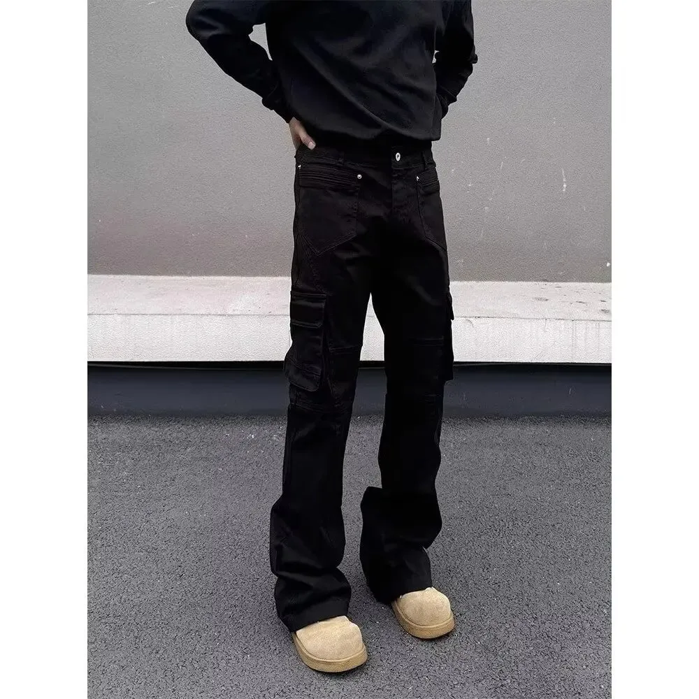 American style Vibe retro heavy industry multi pocket splicing workwear jeans men's straight tube micro flared slim fit long pan