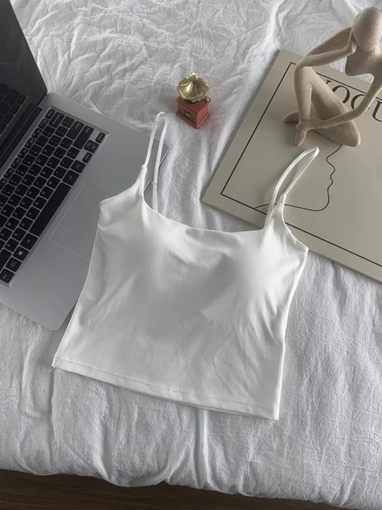 2026 Women With Built In Bra Spaghetti Strap Tanks Summer Camis Tank Casual Tops For Woman Solid Color Female Korean Style