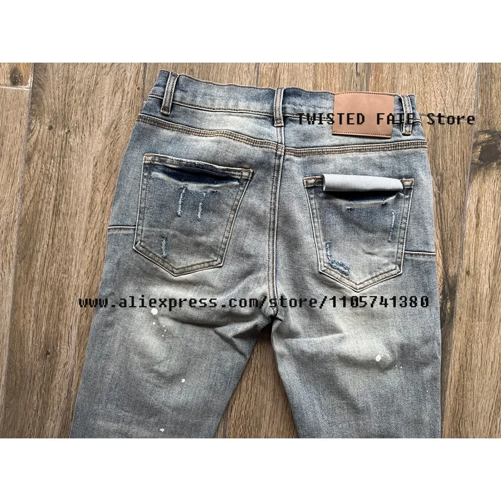 American High Street Quality Distressed Washed Light Blue Destroyed Holes Stretch Skinny & Slim Fit Spray Painted Ripped Jeans — image 5