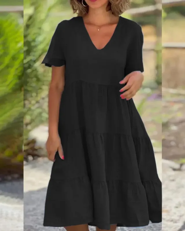 Abiti casual da donna in lino di cotone 2025 Primavera / Estate Dolce manica corta Scollo a V solido Abito ampio altalena S-5XL