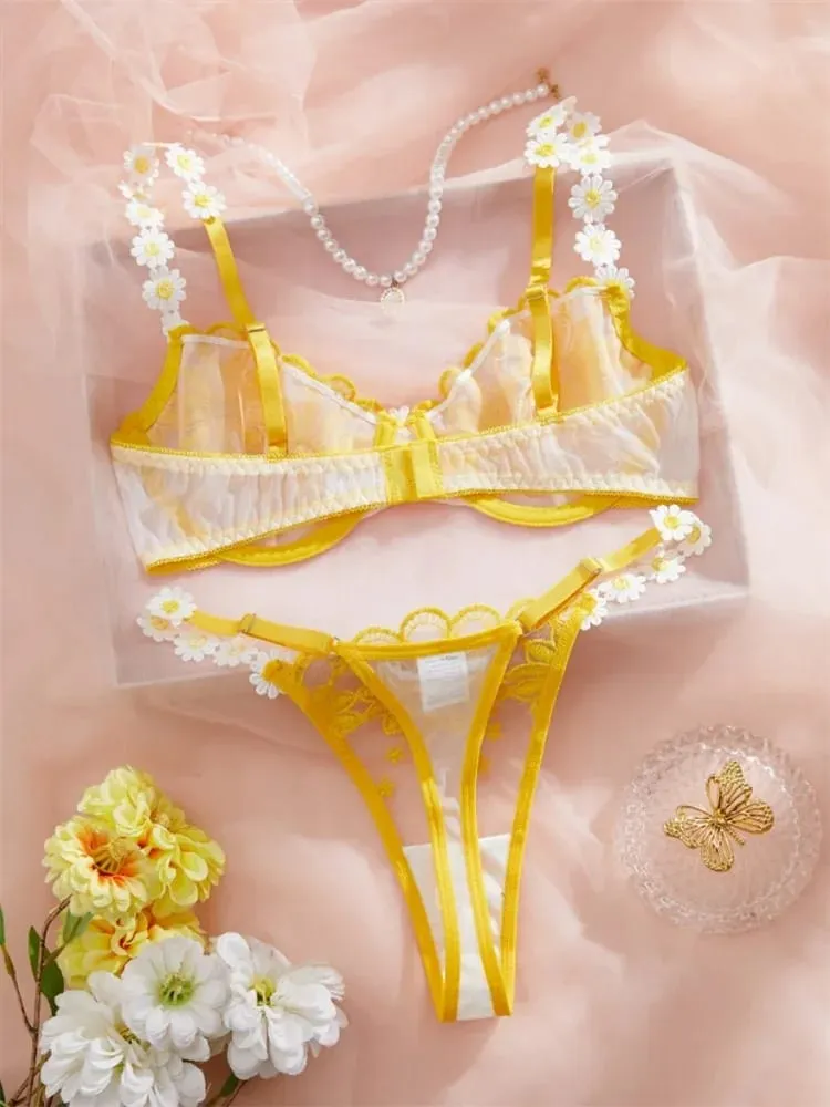 Set Lingerie Seksi Peri Pakaian Dalam Renda Manis Lingerie Erotis Intim Mewah Set Bra dan Celana Dalam Bordir Bunga Cantik — image 3