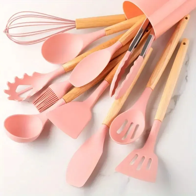 12pcs Set of Multi-color Silicone Wooden Handle Kitchenware Set Non Stick Pot Spatula and Spoon Cooking Utensils Heat-resistant