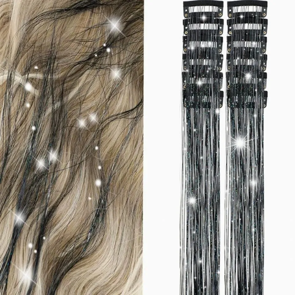 12Pcs/Pack Sparkle Blonde Hair Extensions Clip In Rainbow Shiny Sparkle Hair Tinsel Heat Resistant Sparkle Hair Extensions For W