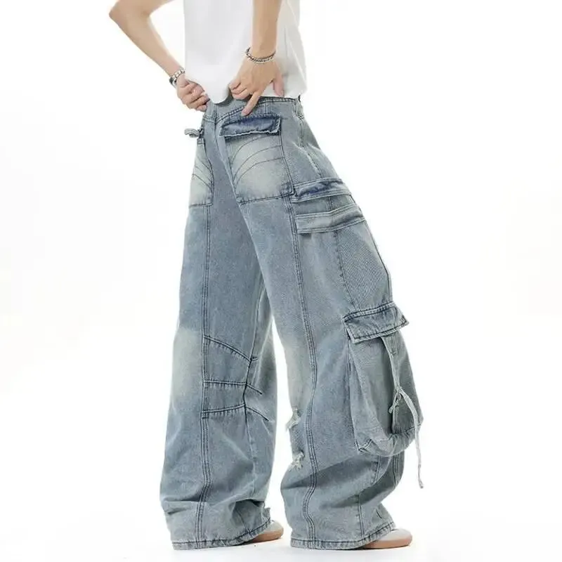 American Style Men's Jeans Solid Color Multi Pockets Casual Worn-out Trousers Deconstruction Wide Leg Denim Pants 9W4066