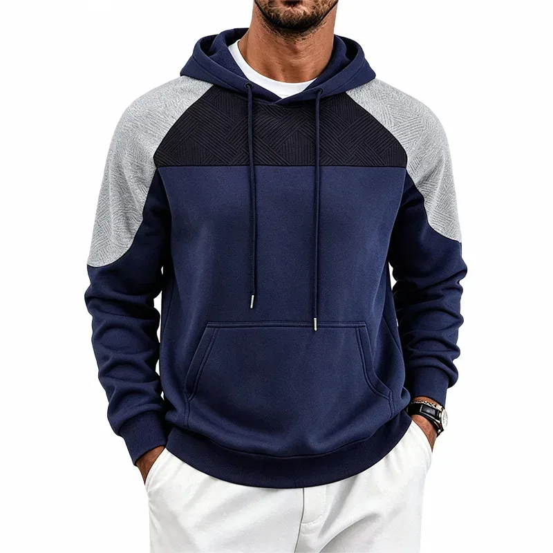 Men Patchwork Color Block Pullover Hoodie Drawstring Kangaroo Pocket Long Sleeve Loose Sweatshirt Autumn Winter Streetwear Tops