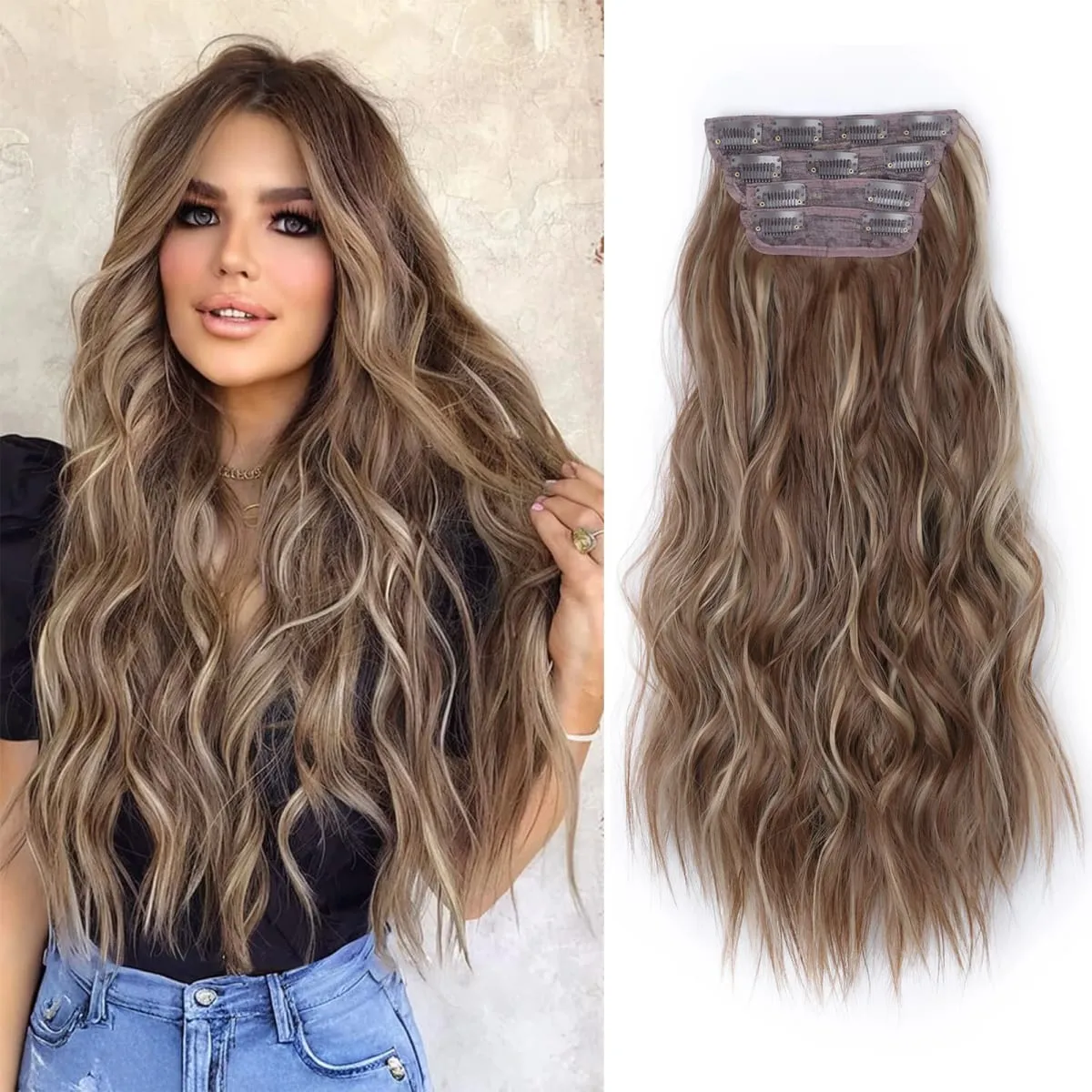linwan Clip In Hair Extensions 4 PCS Full Head 20 Inch Long Curly Wavy Synthetic Hair Pieces Natural Wavy For Women Girls Hair