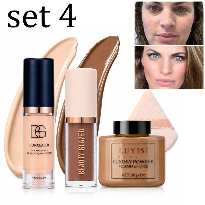 4pcs/Set:Concealer Contour Loose Powder&Puff Full Face Sculpting&Setting Kit Waterproof Long-Lasting Matte Effect Oil-Control.