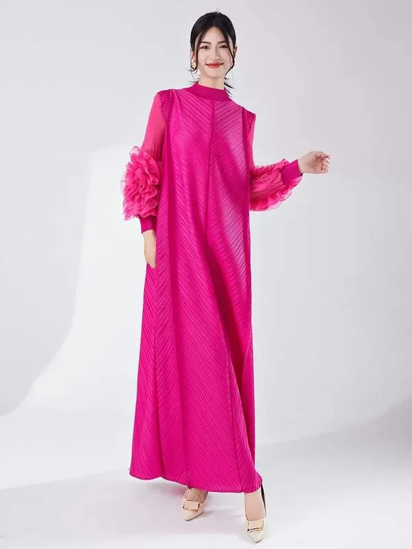 Long Pleated Dress With Ruffles Sleeves Loose Solid Color Stitching Female Party Clothing Summer New Clothes 2DA5900