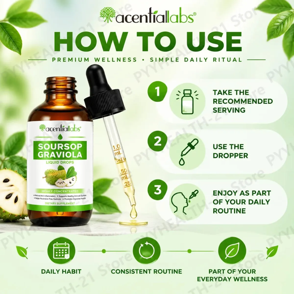AcentiLabs Soursop Graviola Liquidหยดวิตามินซีรองรับระบบย่อยอาหารสุขภาพระบบภูมิคุ้มกันป้องกันอนุมูลอิสระ 60mlสำหรับผู้ใหญ่