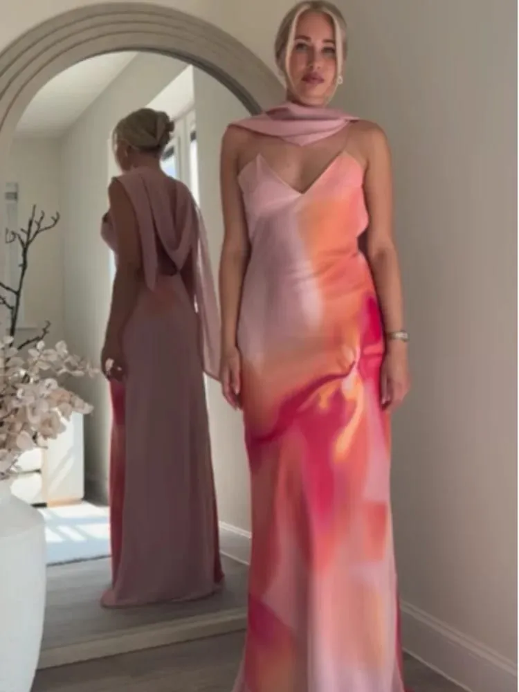 Elegant Tie-dye Gradient Print Sling Long Dress With Scarf Women Holiday Sleeveless Backless Evening Dress Summer Vacation Robes