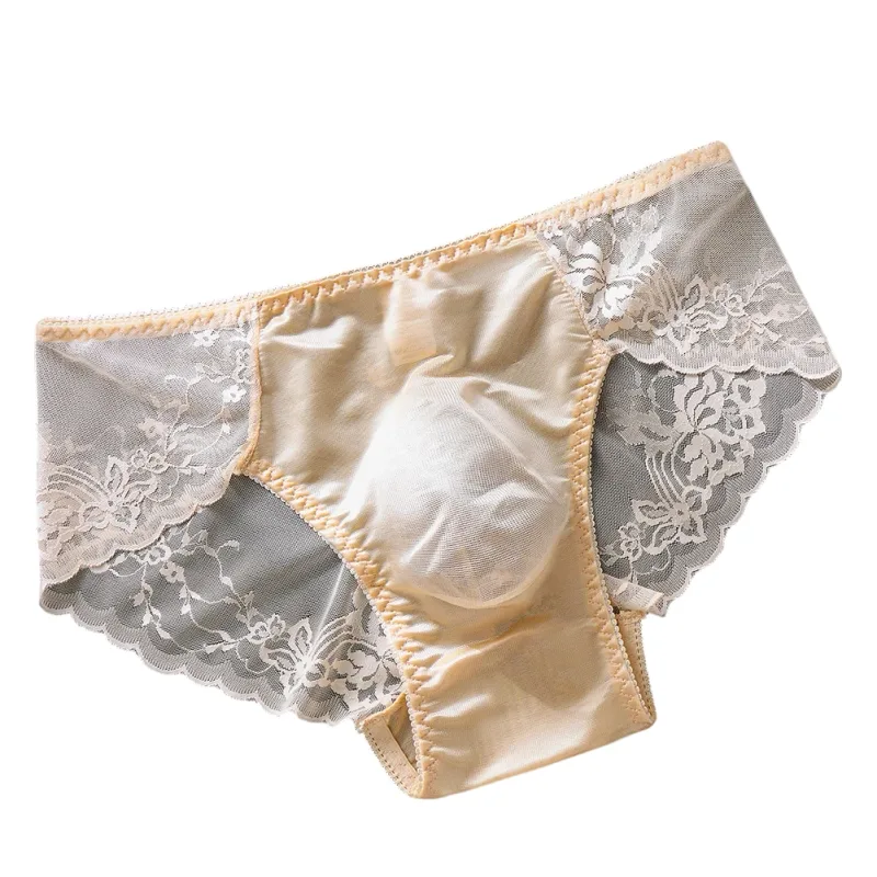 Cuecas masculinas de renda sem costura cuecas de seda gelada 3D bolsa com protuberância calcinha gay de cintura baixa