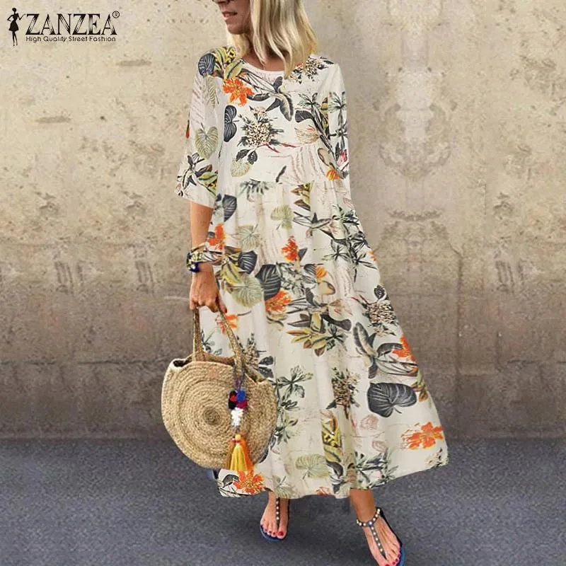 Women's Summer Short Sleeve Sundress ZANZEA Woman Floral Printed Dress Bohemian Elegant Casual Oversized Holiday Long Dresses