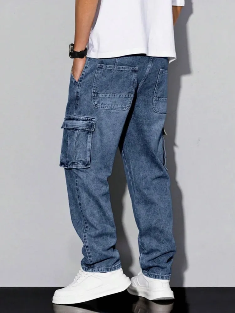 Men's Blue Cargo Jeans Spring New Multi-Pocket Loose Fit Denim Pants Streetwear Hip Hop Casual Versatile Daily Fashion Trousers