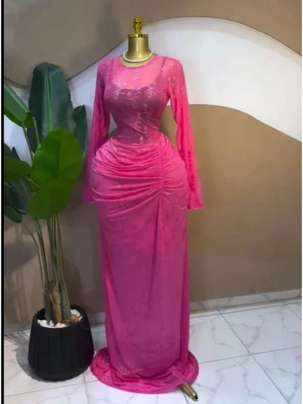 CM.YAYA 2025 Women Long Sleeve Ruched Mesh See Though with Lining Bodycon Long Dress Fall Evening Birthday Sexy Party Dresses