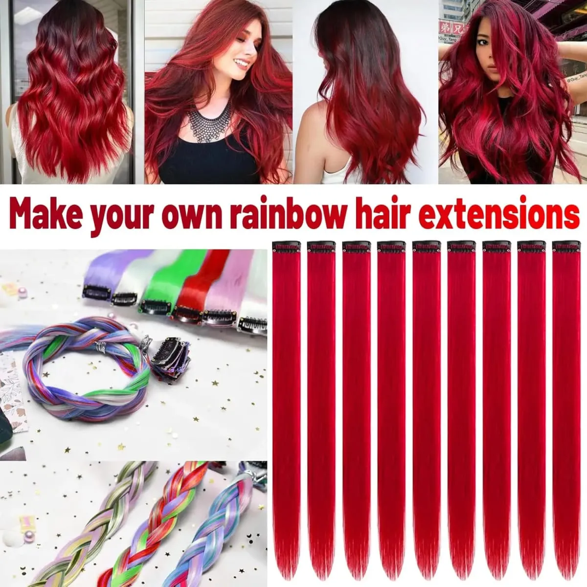 Synthetic 10 PC Hair Extensions Red and Blue Clip in SOlldag Colored Party Highlights Straight Hairpiece for Kids Girls Women