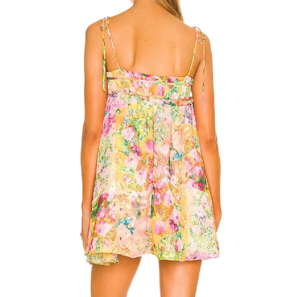 Women Bow Lacing up Sling Robe Holiday BOHO Ruched Chest Orange Flower Print Spaghetti Strap Mini Dress