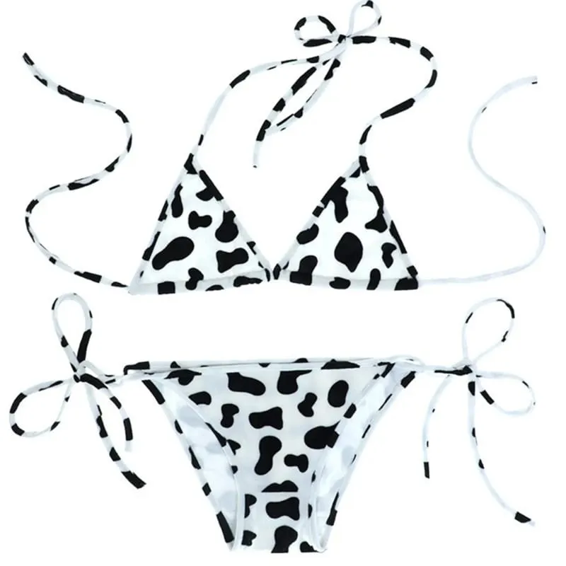 Womens Bikini Set Japanese Style Cute Milk Cow Dotted Mini Bikini Sets Underwear Halter Neck Bras Top with Briefs Panty — image 1