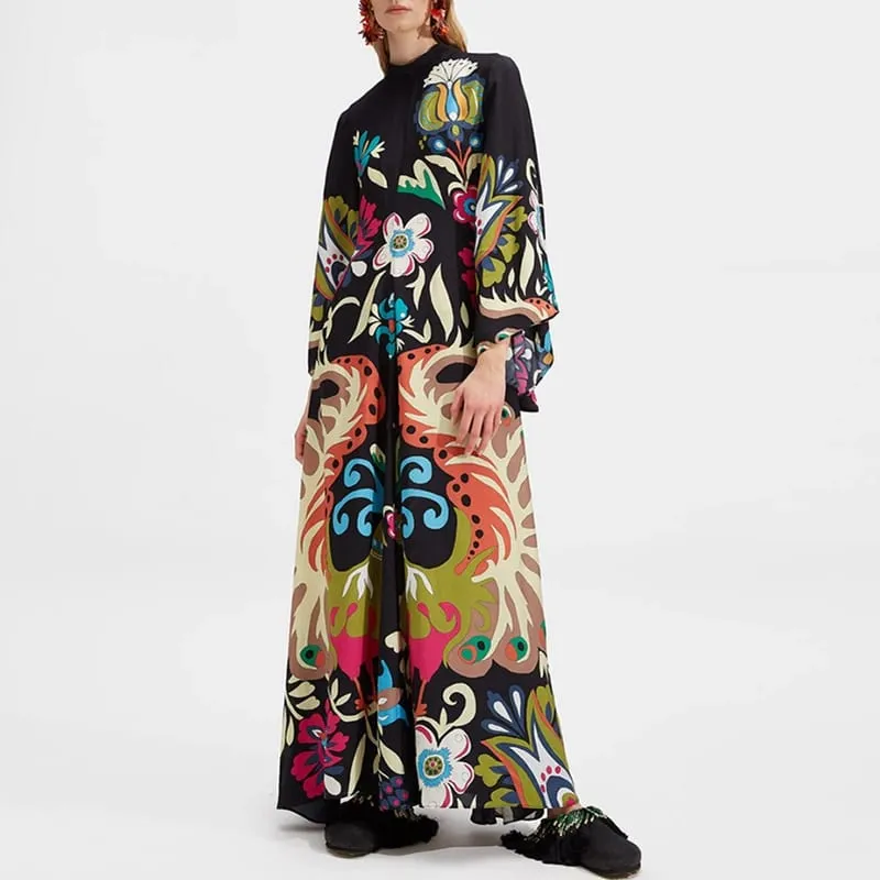 Ethnic ρετρό ανοιξιάτικο τύπωμα Boho μακρύ φόρεμα Γυναικείο σέξι όρθιο γιακά με κορδόνια φόρεμα φθινοπώρου μακρυμάνικο φαρδύ γυναικεία μάξι φορέματα