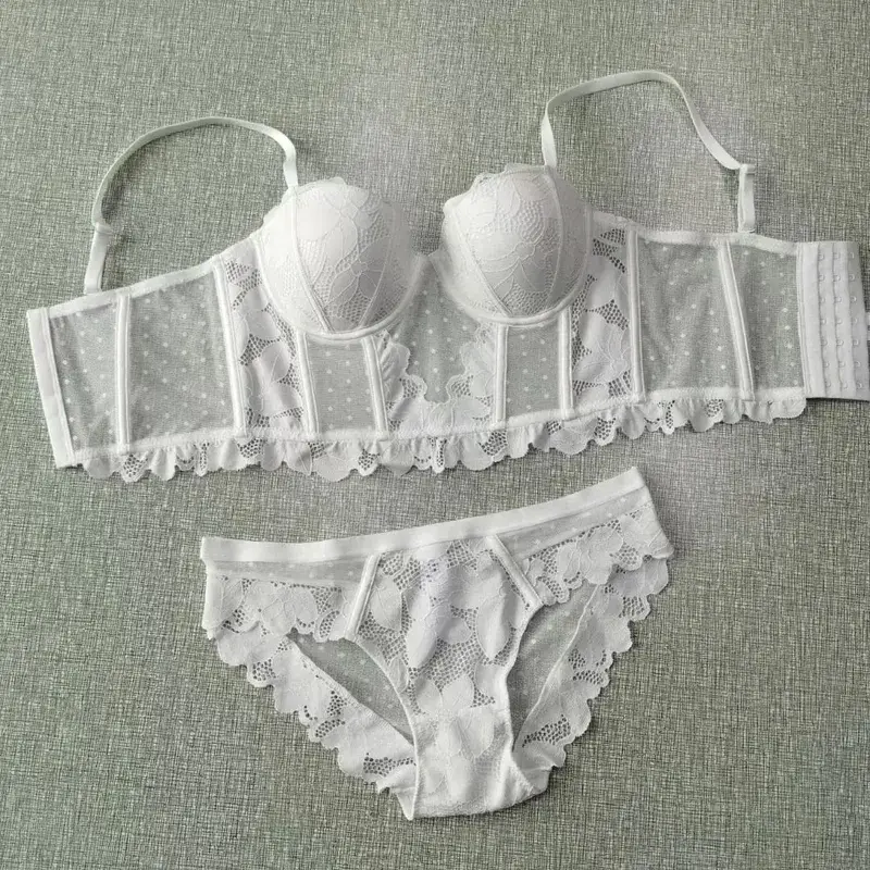 Mesh Lace Push Up Half Cup Bra Set Underwear with Removable Straps 7 Breasted Broadside Shape Bra Women Beautiful Sexy Lingerie