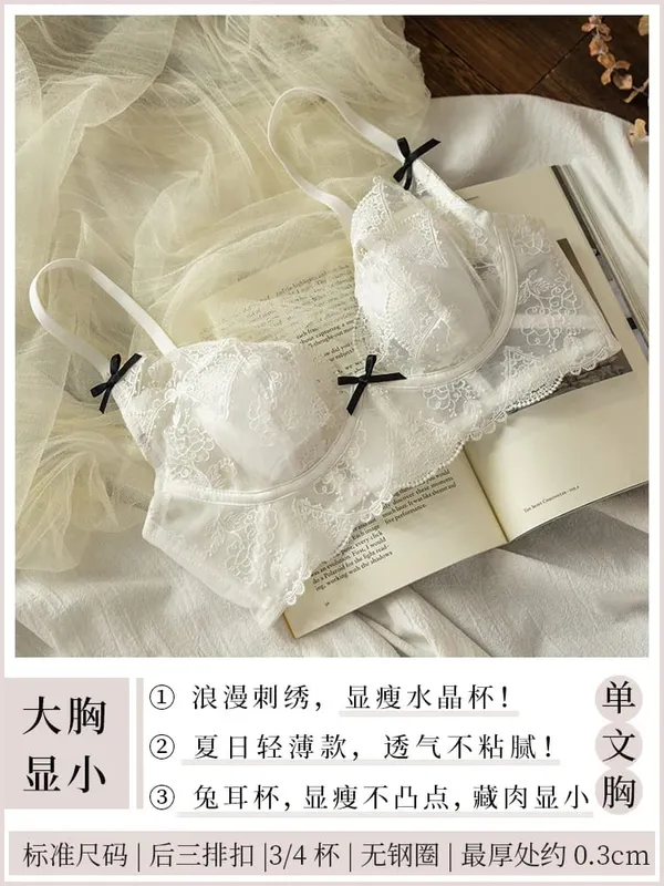 French Lace Lingerie Set Women Wirefree Minimizer Support Summer Ultra Thin Bra Large Chest Petite Look Bunny Ears