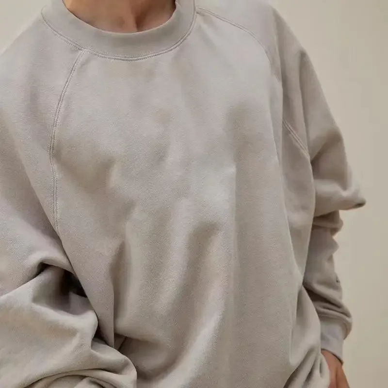 600g Men's 100% Cotton Oversized Sweatshirt for Winter Solid Beige Batwing Sleeve Heavyweight Fleece Crew Neck Thermal Hoodies — image 3