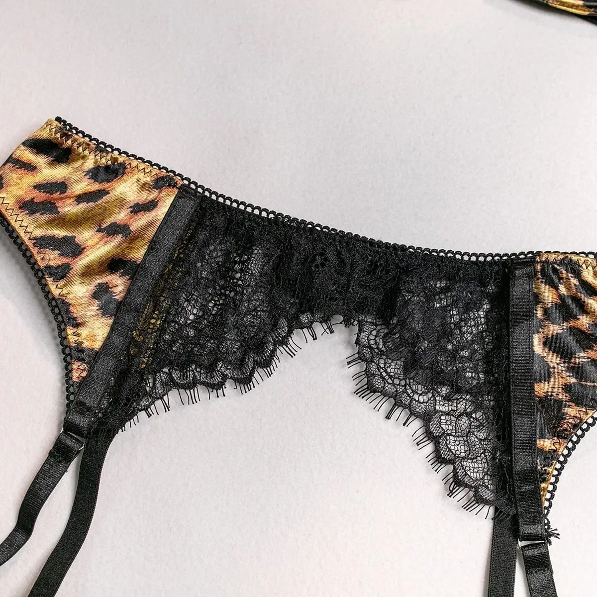 Sexy Wild Leopard Printed Lace Patchwork Lingerie Set Women Comfortable Three Piece Bra and Panty Set Female Exotic Apparel Suit