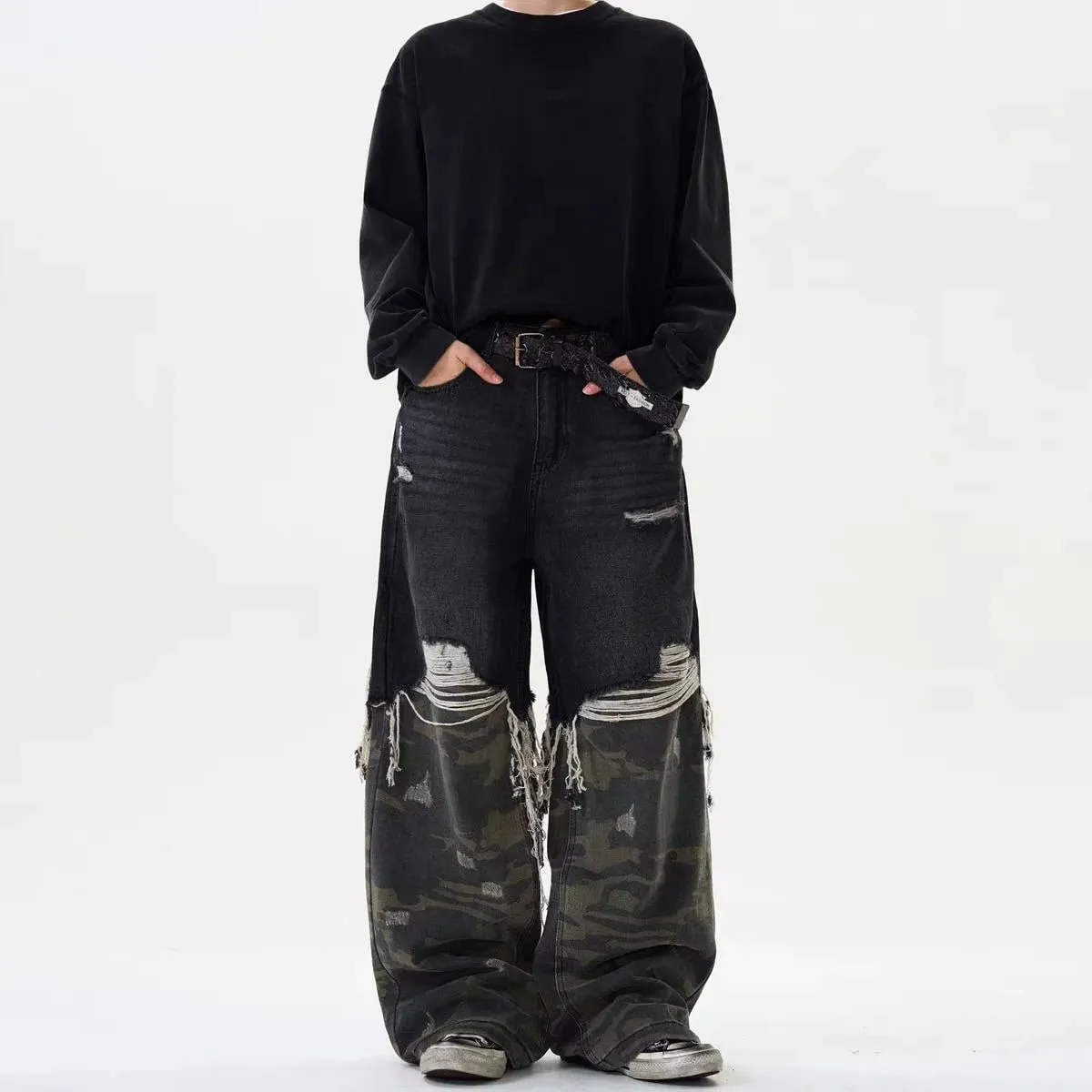 Street Patchwork Ripped Camouflage Jeans Baggy Fake Two-piece Washed Denim Trousers Vintage Y2K Camo Cargo Straight Jean Man