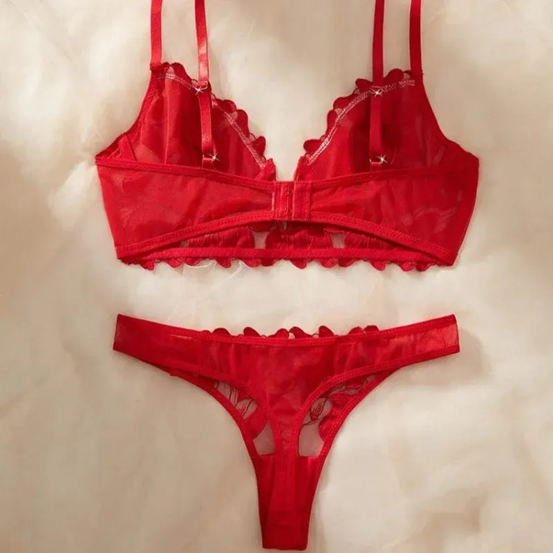 Frauen Rot Floral Spitze Dessous Set Sheer Bügel Dünnen Bh Passenden Tanga Höschen Sexy Hohl Dessous