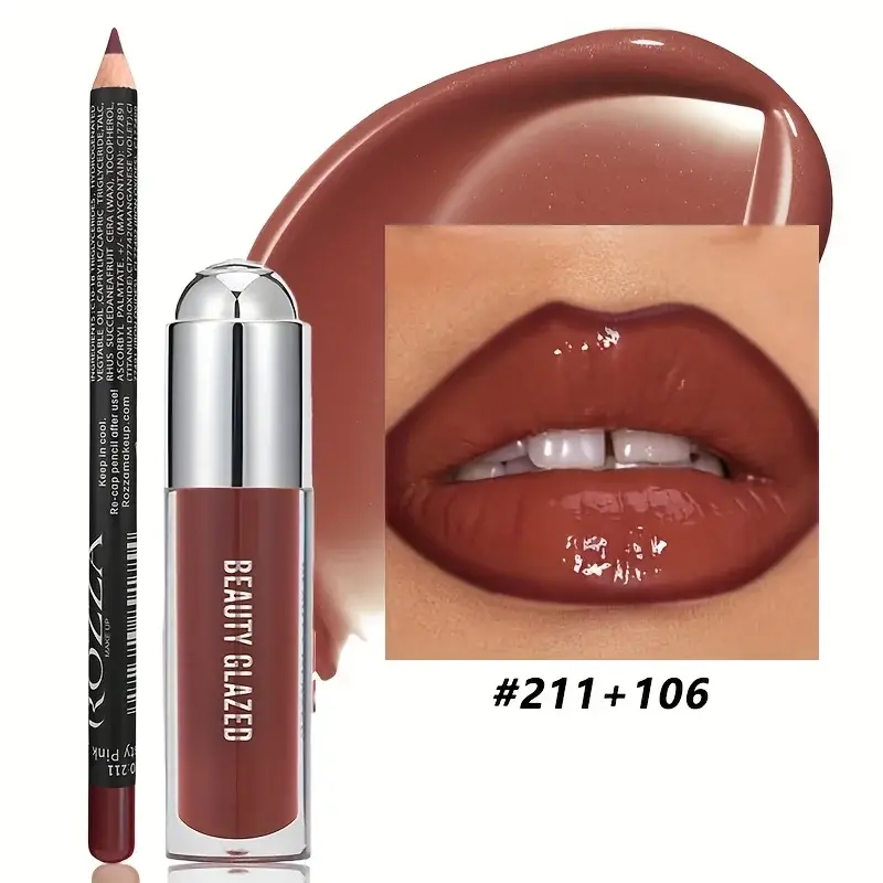 2Pcs Lip Liner Lip Gloss Set Longlasting Natural Nude Lip Glow Waterproof Lip Oil