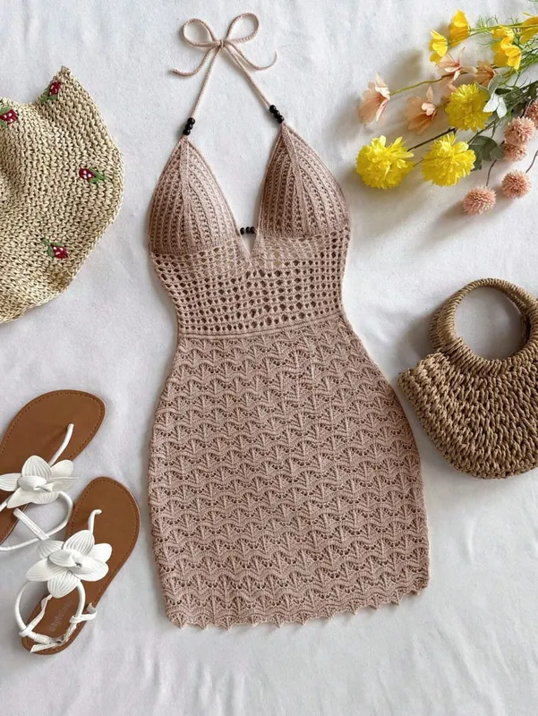 Vestido sin mangas con cuello halter de crochet blanco para mujer — image 6