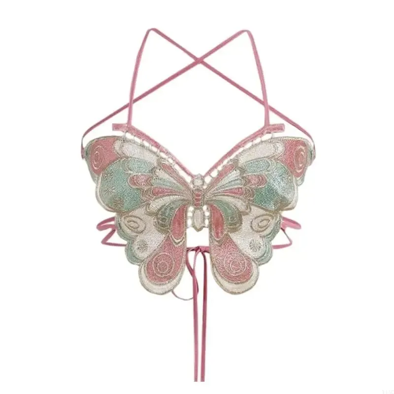 Y1AC Women Strappy Backless Beach Crop Top Butterfly Embroidery Halterneck Camisole