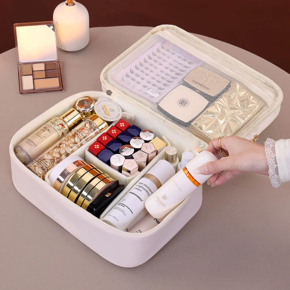 Multiple Compartments Large Capacity Cosmetic Organizer Case Portable Travel Toiletry Bag Double Layer Detachable Makeup Bag