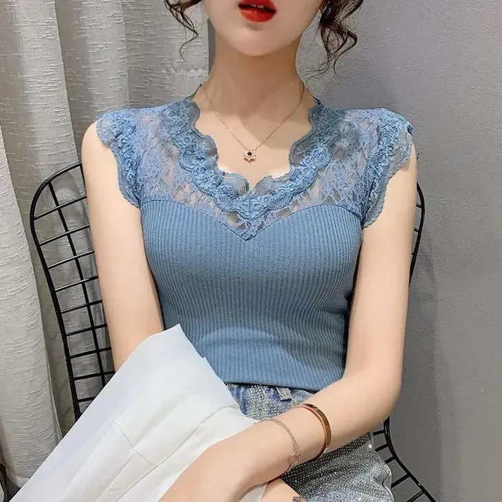 Summer V-neck Lace Stitching Pullover Sleeveless T-shirt Women's See-through Ice Silk Vest Suspender Knitted Base Layer Women — image 2
