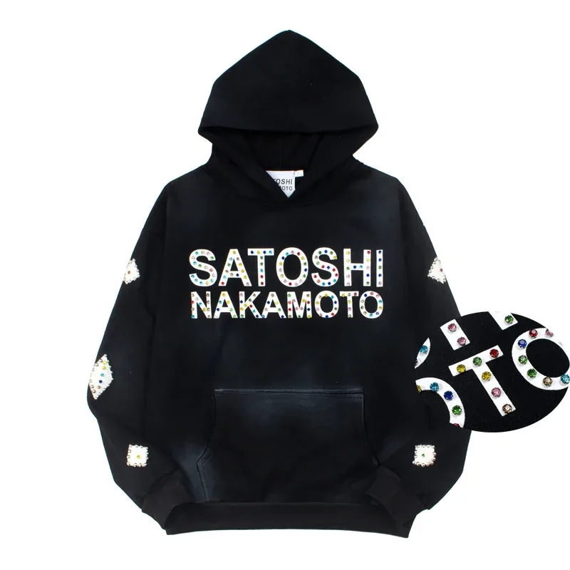 Hoodies Pullover 26ss Vintage Embroidery Leather Pattern Glittering Diamond Print Men's Hooded Hip Hop Style Sweatshirts