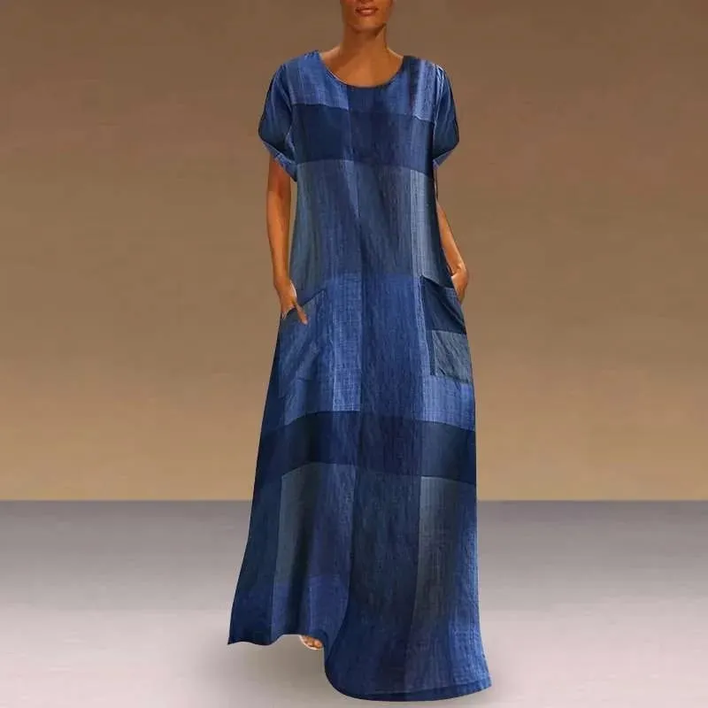 Spring Summer Long Dresses For Women New Floral Printing Short Sleeve Pockets Round Neck Casual Elegant Loose Female's Vestidos