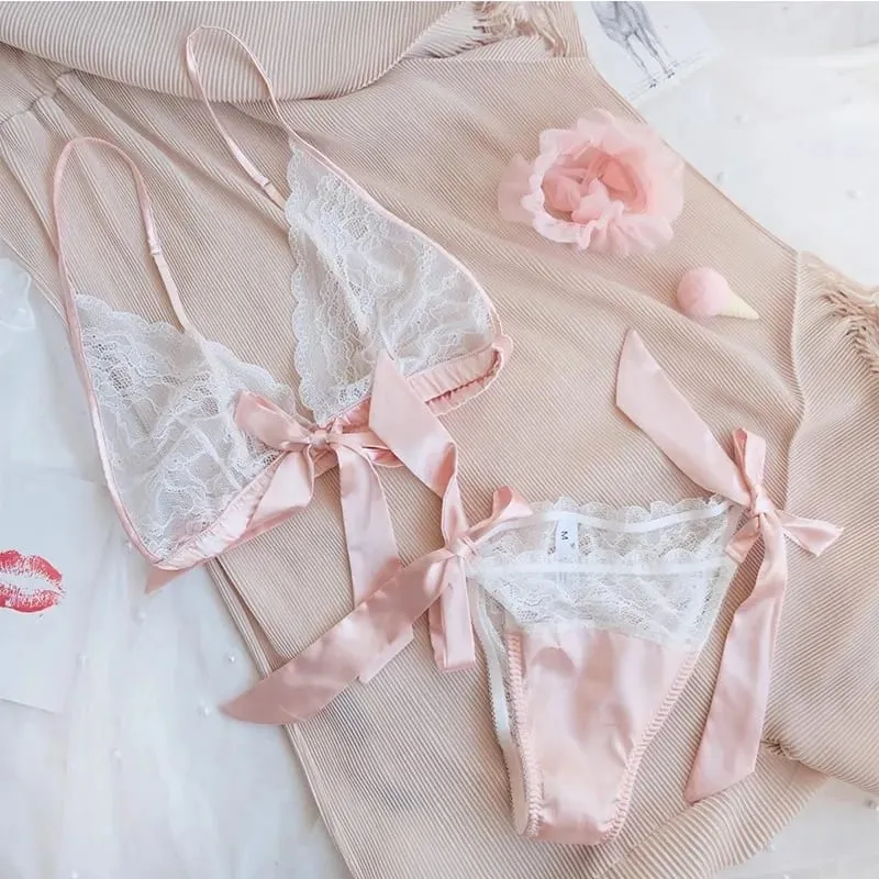 Lingerie sexy francese con volant in pizzo, reggiseno e slip senza ferretto con set di biancheria intima con giarrettiera, tentazione, set di reggiseno ultra sottile