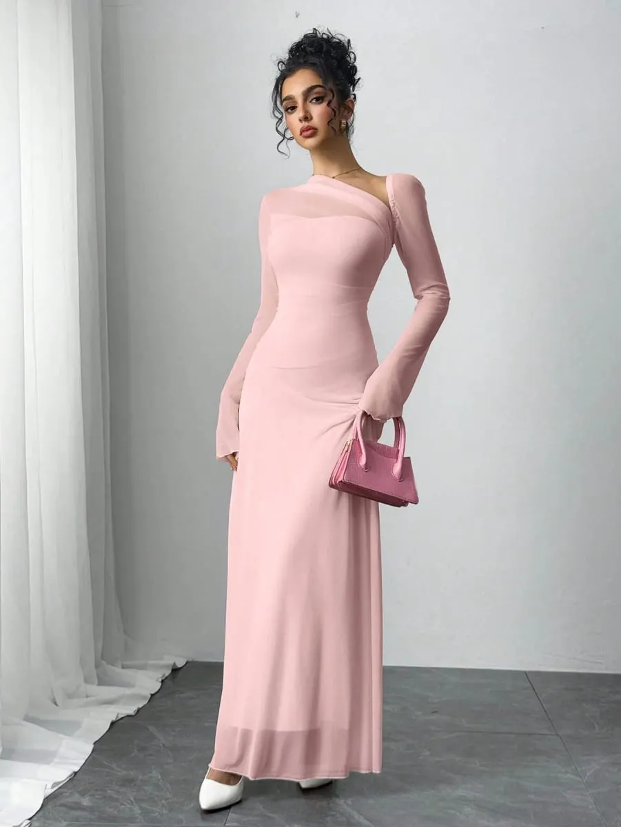 New spring/summer women's pink tulle explosion slim irregular diagonal shoulder ultra long dress