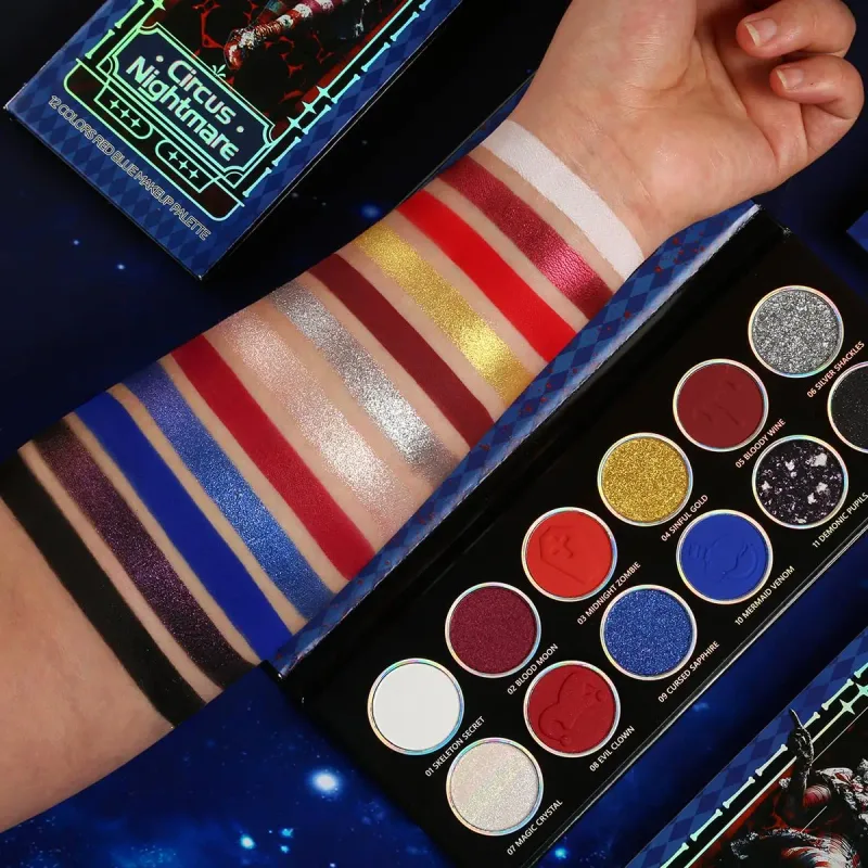 Eyeshadow Palette 12 Colors Chameleon Metallic Silver Shimmer Black Goth Clown Halloween Long Wear Vegan Eye Makeup 17g