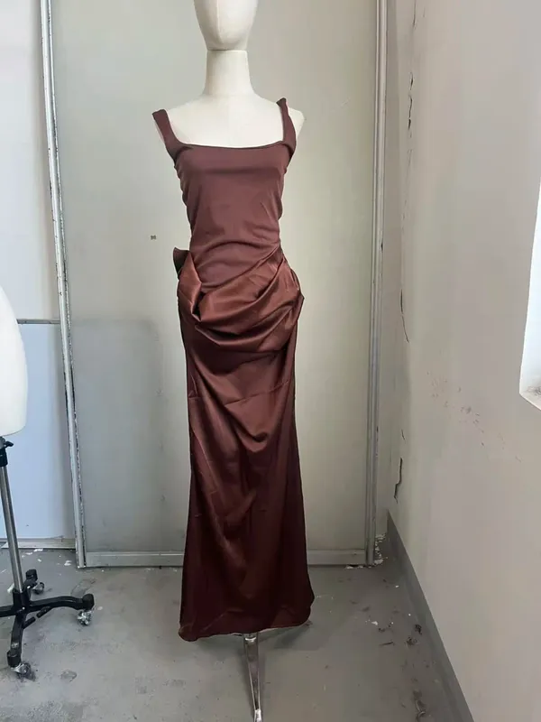 Women's Solid Satin Pleated Strap Mini Dress Sleeveless Backless Lace Up Fashionable Dress 2026 Summer Lady Party Chic Outfit