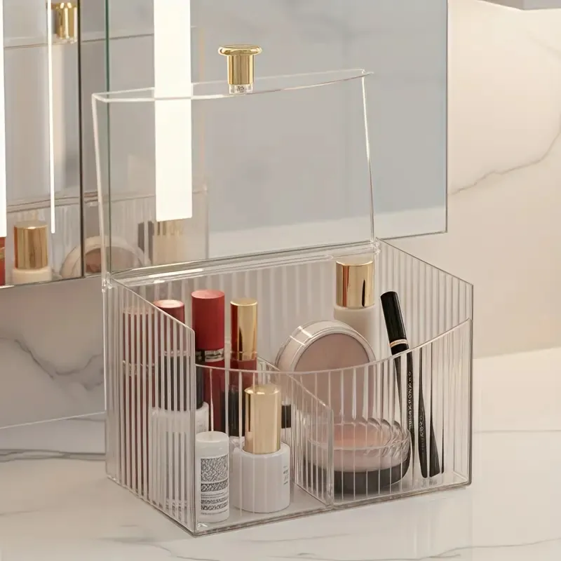 Clear Acrylic Makeup Brushes Holder with 2 Compartments and Flip Cover Makeup Tools Organizer Lipstick Holder Cosmetics Storage