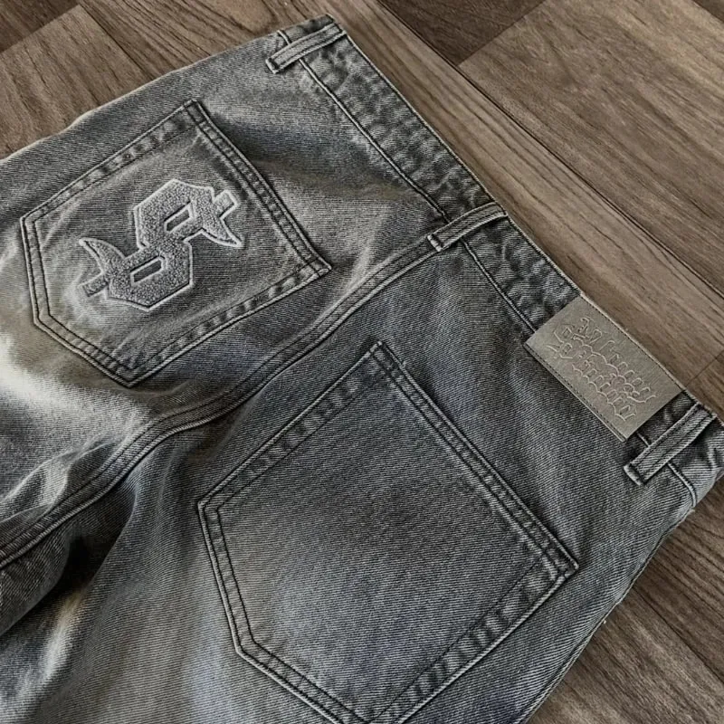 Y2K Retro Jeans Light Color Dollar Pattern Embroidery Splice Denim Pants Gothic Hip Hop Streetwear Men Women Fashion Baggy Pants — image 7