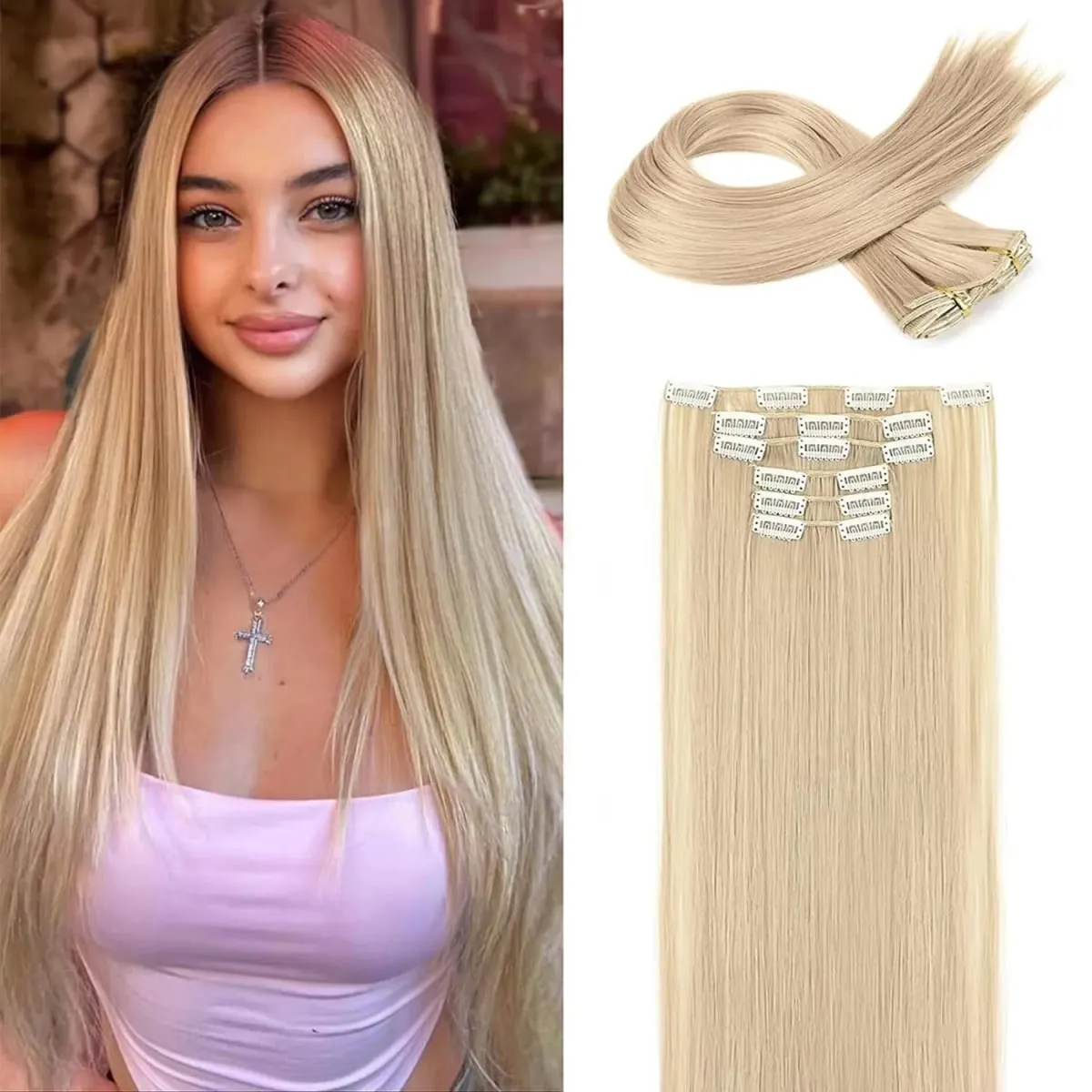6 個のクリップインヘアエクステンション 24 インチ長さのストレート耐熱合成クリップオンヘアピース女性の日常着 — image 10